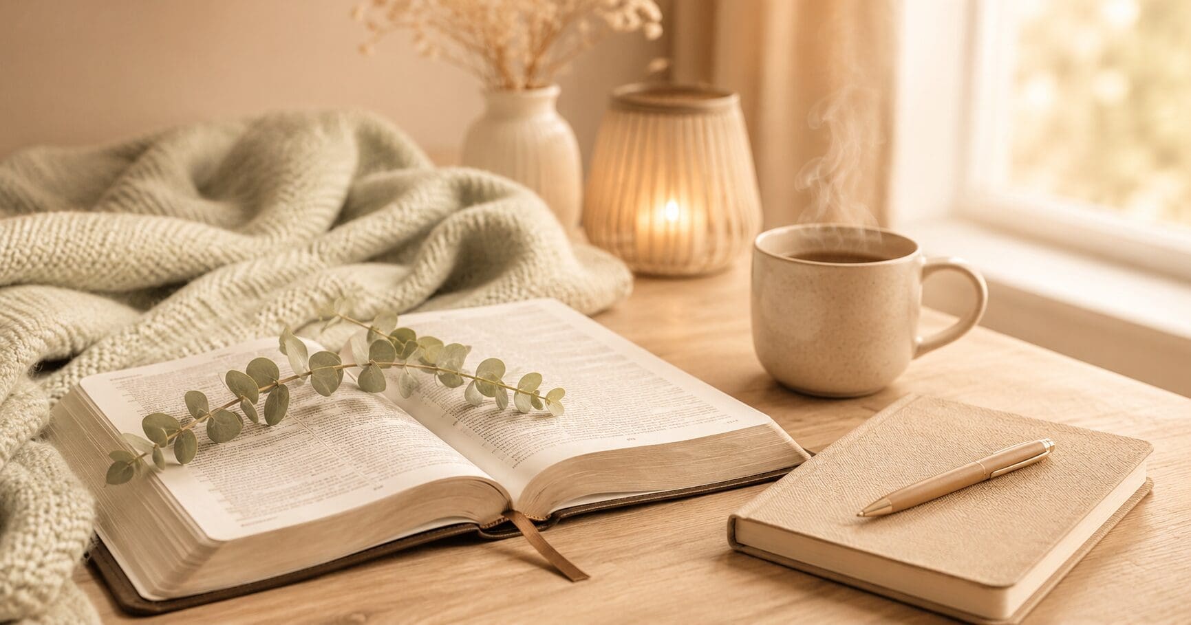 Open Bible, prayer journal, pen, and steaming mug for overwhelmed Christian moms praying KJV prayers.
