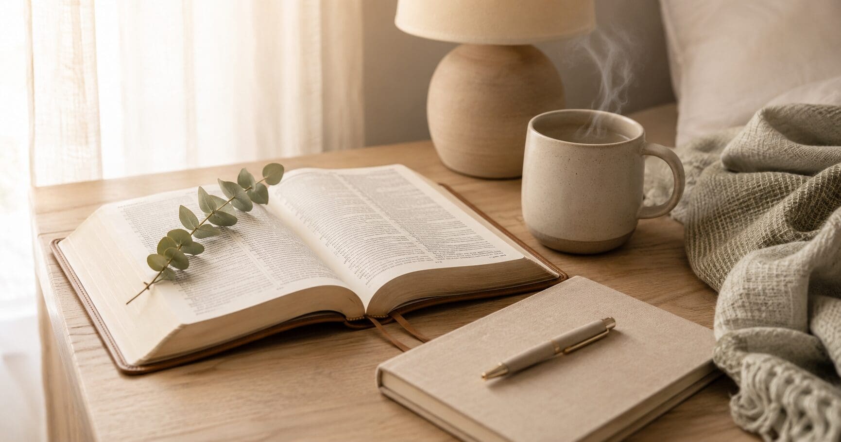 Open Bible, devotional journal, pen, and steaming mug for a tired Christian mom spending time with God.