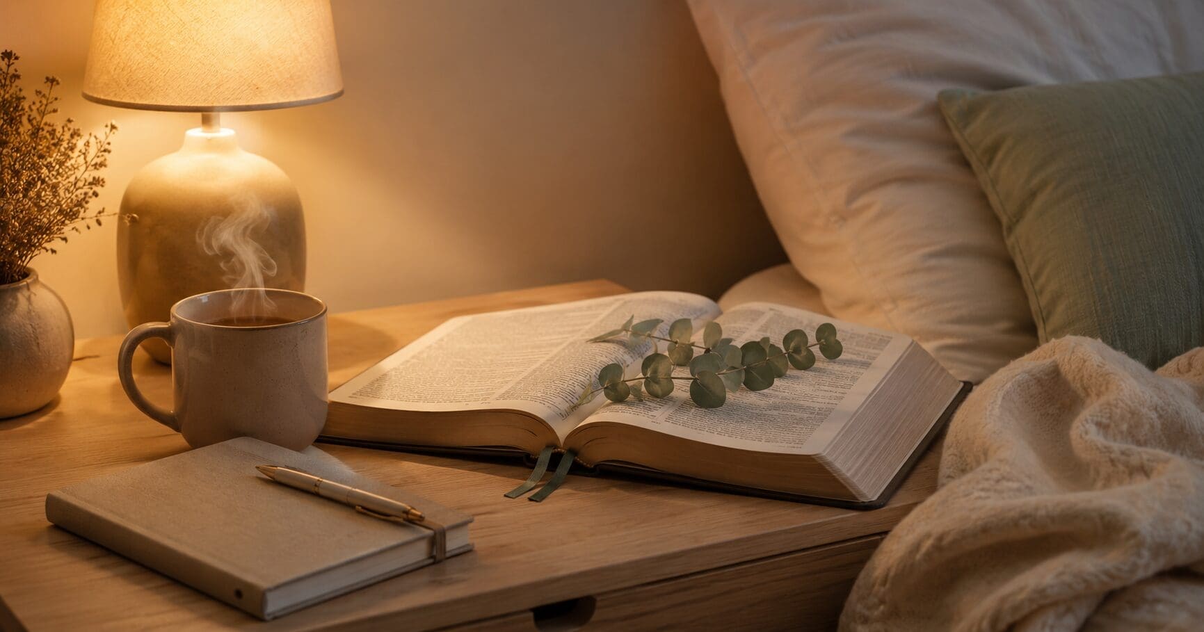 Open Bible, prayer journal, pen, and steaming mug for a Christian mom carrying mom guilt and seeking God’s grace.