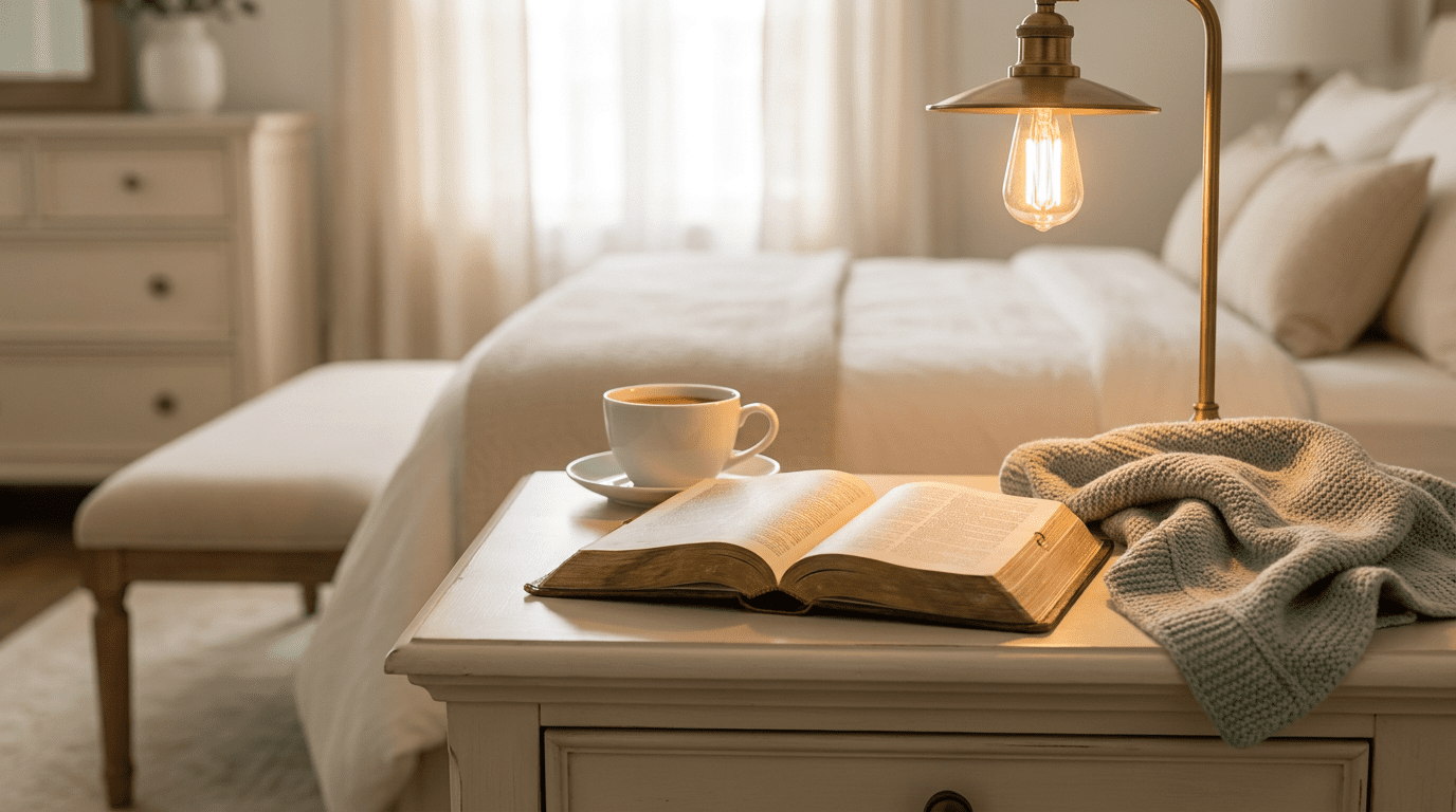 Open Bible, warm lamp, tea cup, and soft blanket for overwhelmed Christian moms reading KJV scripture.