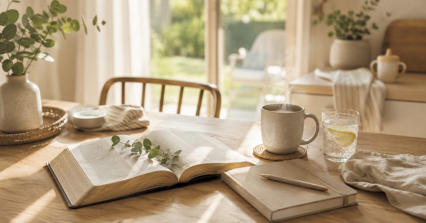 Open Bible and prayer journal on a summer kitchen table for a Christian mom seeking quiet time with God