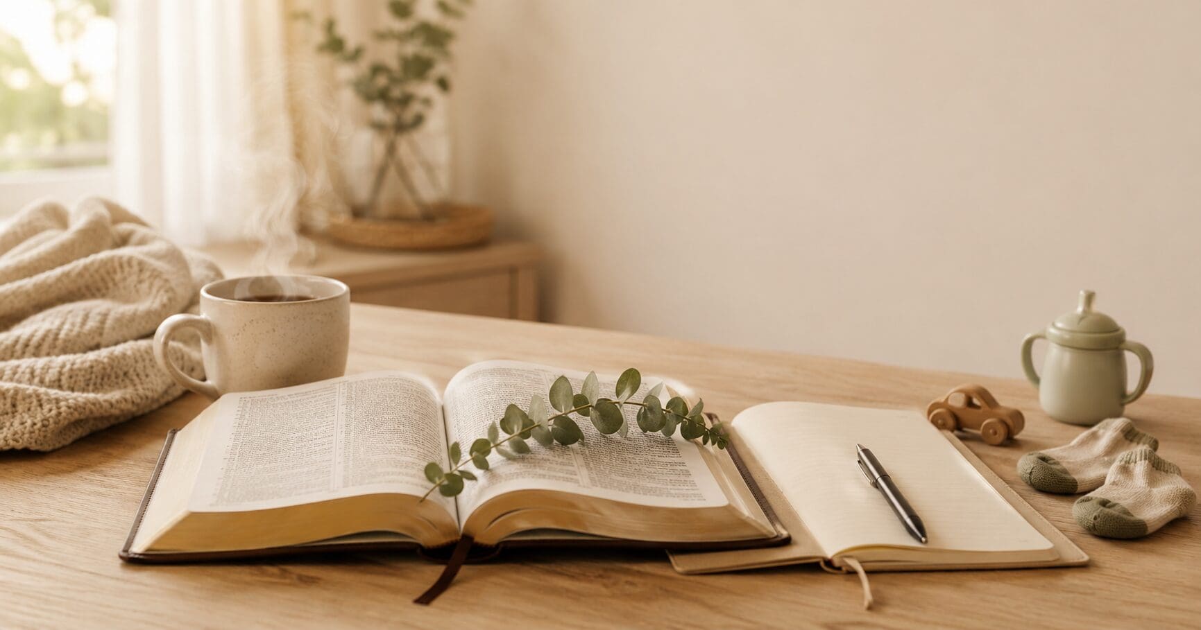 Open KJV Bible, prayer journal, and steaming mug for a Christian mom praying after losing patience