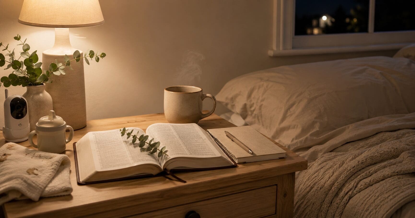 Open Bible, prayer journal, and baby monitor on a bedside table for an anxious Christian mom praying at night