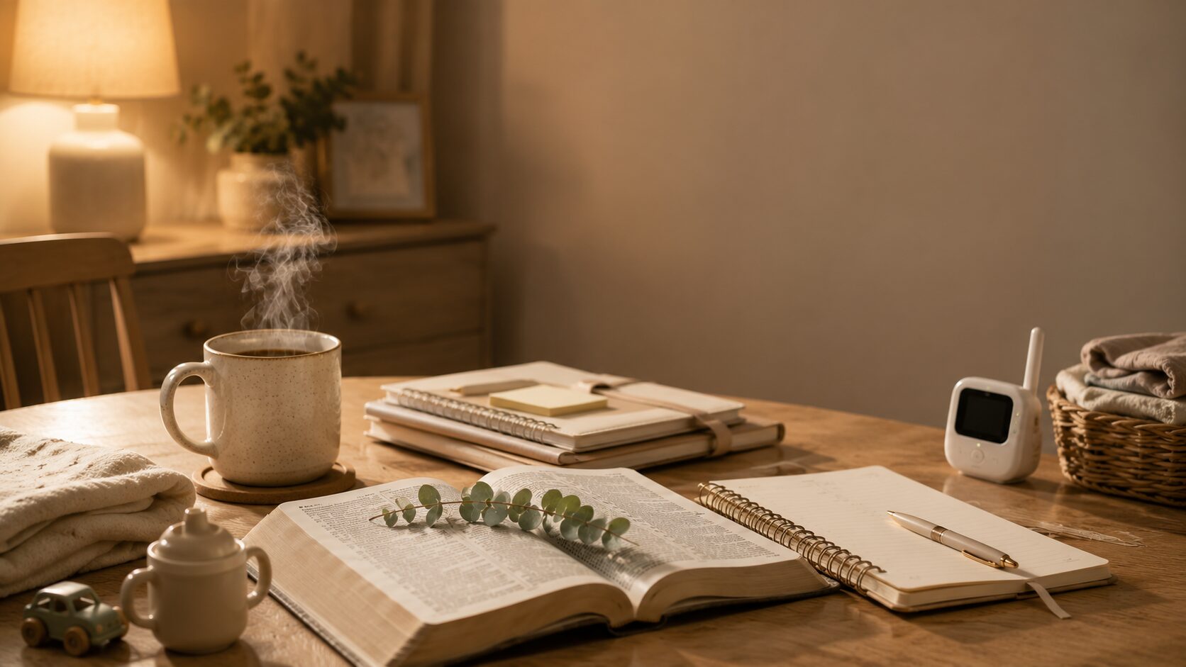 Open KJV Bible with eucalyptus, prayer journal, steaming mug, and motherhood items for a Christian mom learning what stops when Jesus is Lord