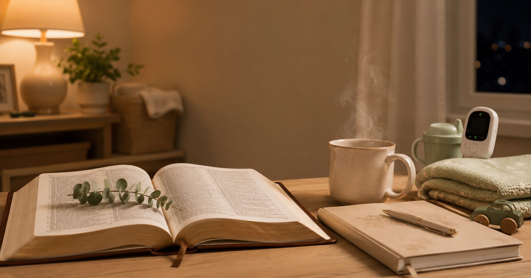 Open KJV Bible, prayer journal, and steaming mug for a Christian mom learning to trust God