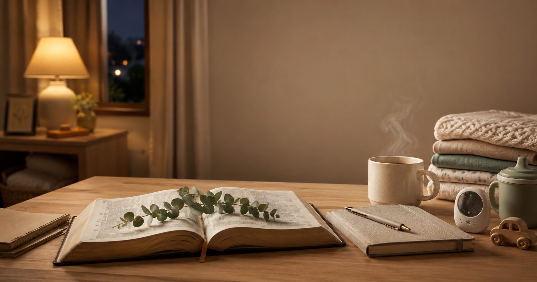 Open KJV Bible, prayer journal, steaming mug, and motherhood items for a Christian mom surrendering fear disguised as responsibility
