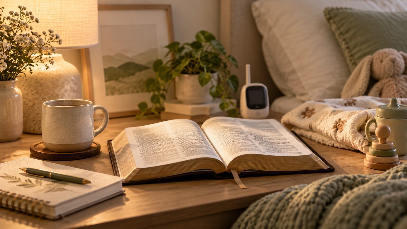 Warm FHWF-style bedside scene with an open Bible, steaming cream mug, prayer journal, baby monitor, folded child’s blanket, wooden toy, and soft sage accents, representing a tired mother returning to God for refuge.