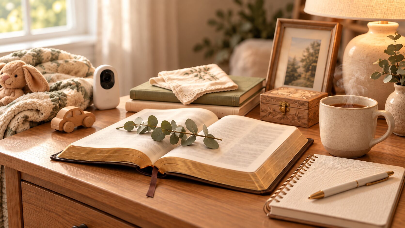 Open Bible with eucalyptus, steaming mug, prayer journal, child’s blanket, baby monitor, toy car, and family keepsakes for a Christian mom reflecting on honor and healing