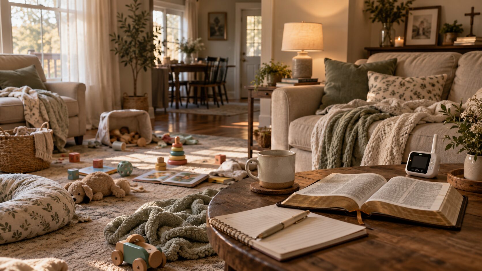 A softly lit, slightly messy living room with baby toys scattered on the floor, an open Bible, a journal, cooled coffee, and a baby monitor, reflecting the emotional weight of motherhood and missing family support.